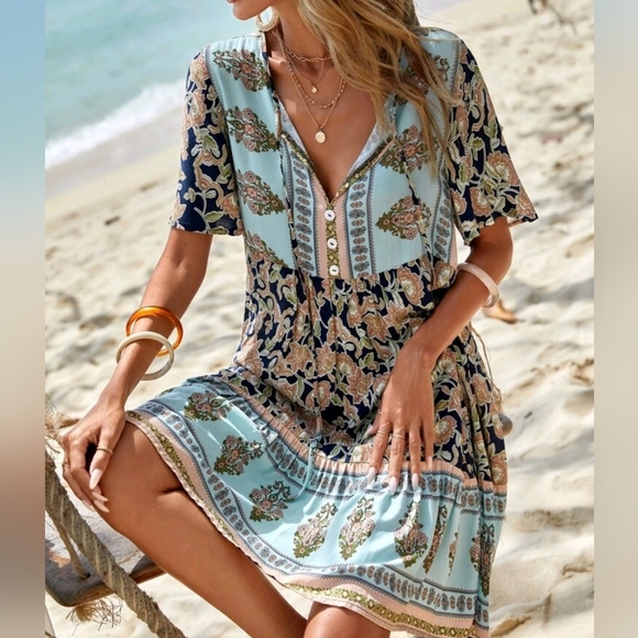 New Boho Chic Floral Print Smock Dress Navy Blue Tan White Green - Picture 4 of 8
